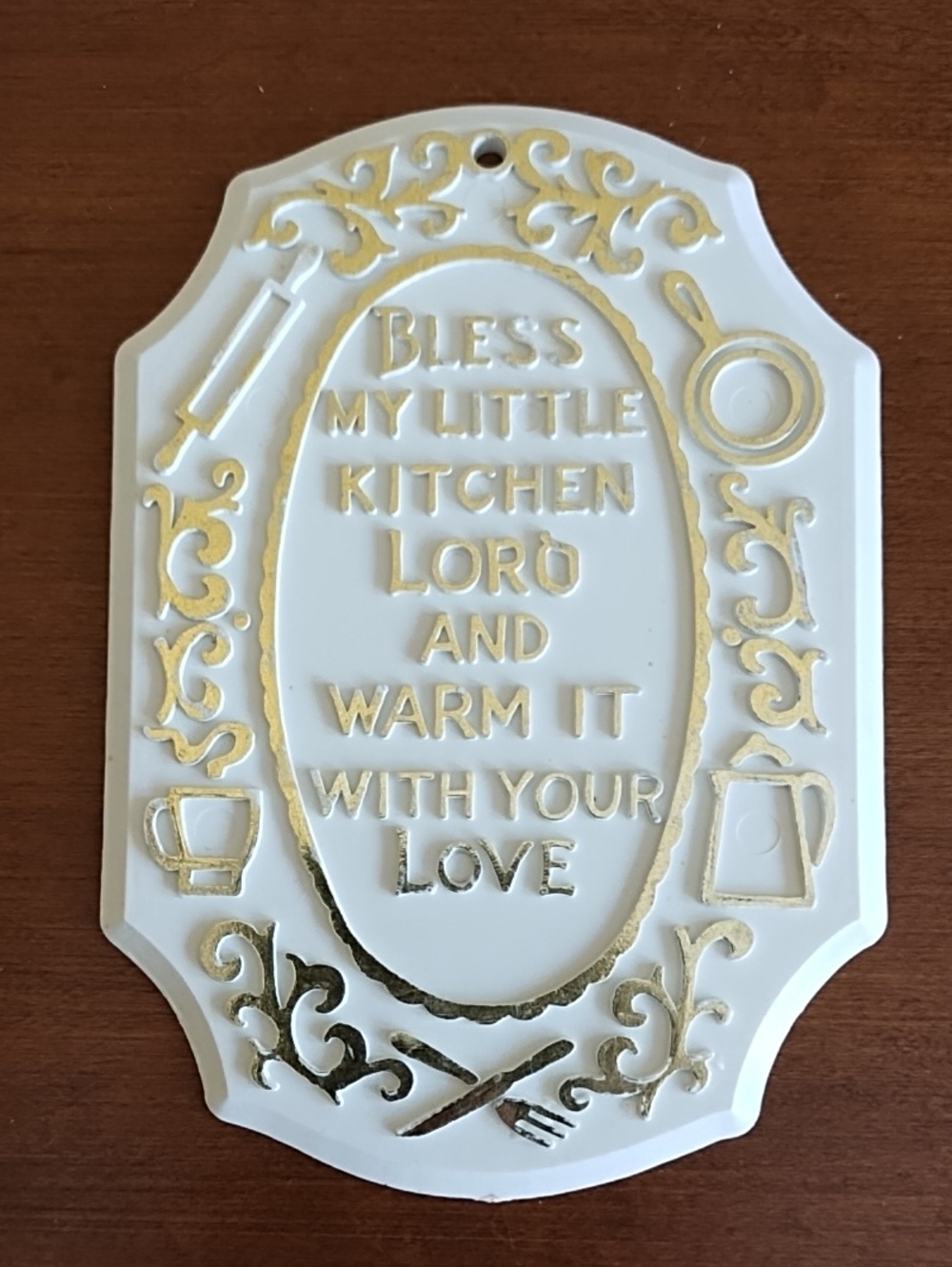 Vintage Plastic Bless My Little Kitchen Wall Plaque Gold White Ready To Hang